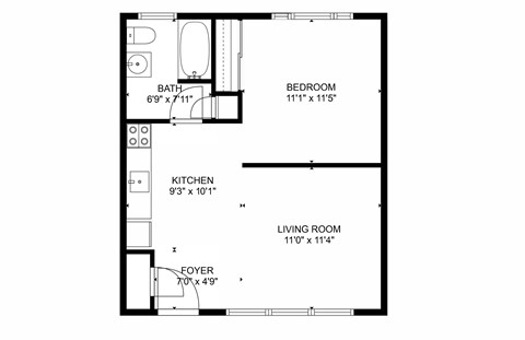 A floor plan of a small apartment with a living room, bedroom, and kitchen.